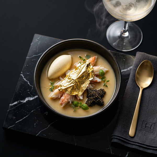 Macro gold-leaf Michelin dish on Nero Marquina marble slab