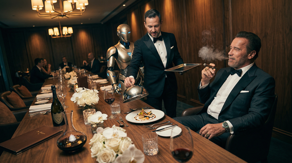 Members club long-table plating with tuxedo host and chef service