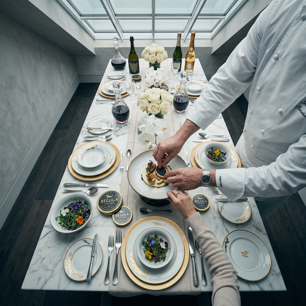 Overhead marble table plating with caviar and Patek watch