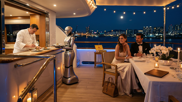 Night yacht terrace dinner couple with Dom Pérignon and orchids
