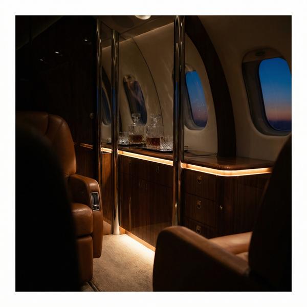 Ambient evening lighting in a luxurious private jet cabin