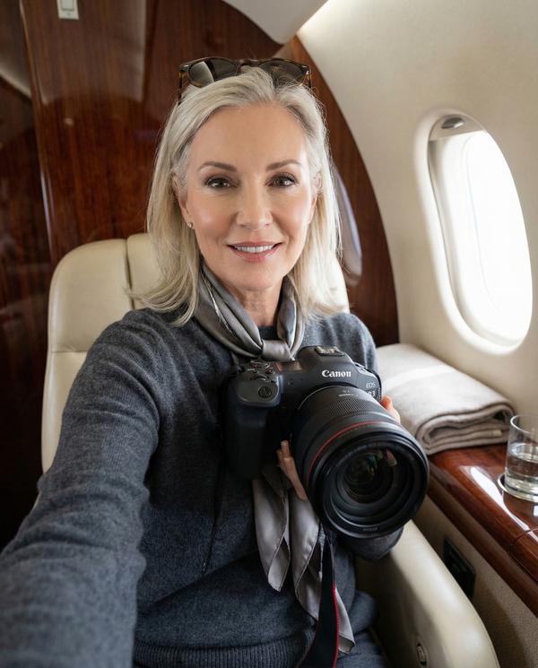 Woman taking a selfie in a luxury jet wearing Brunello