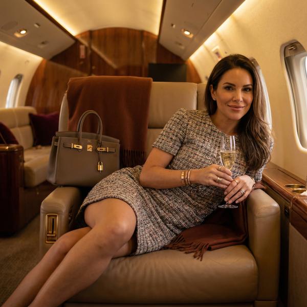Elegant woman with a Birkin bag in a private jet setting