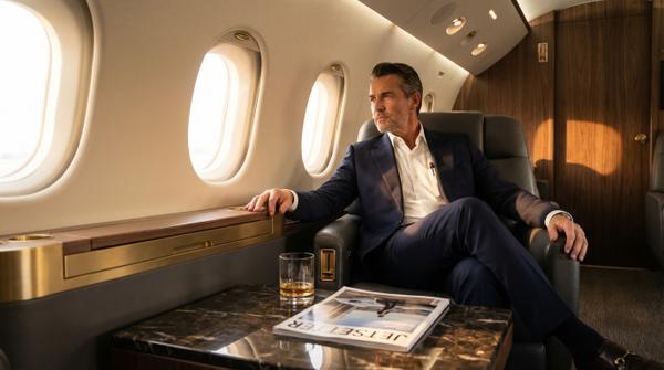 Rich man relaxing in a lounge area of a luxury jet cinema