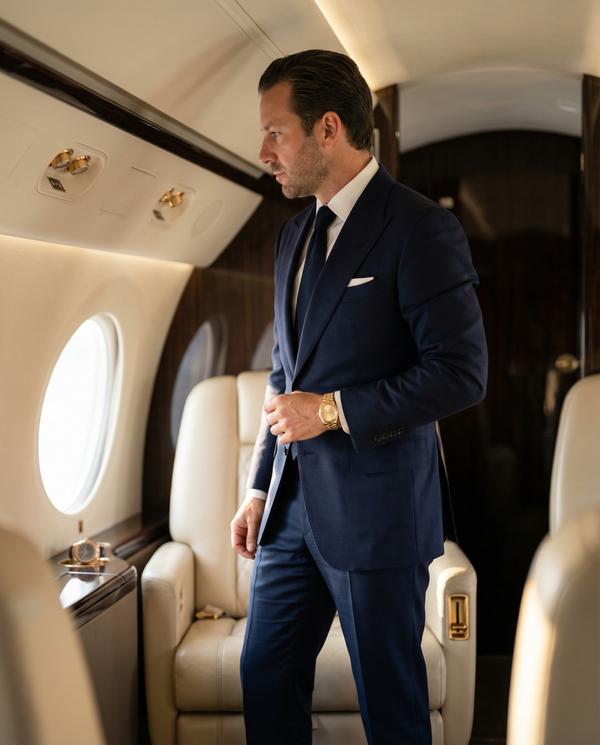Suited gentleman portrait in an opulent private jet interior