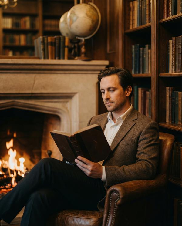 Cozy library retreat by the fireside, exuding warmth and luxury