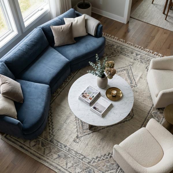 Serene living room overhead view highlighting modern luxury design