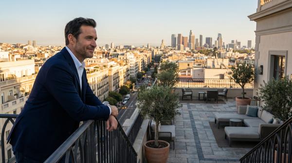 Sunlit cityscape terrace with stunning views and upscale furnishings