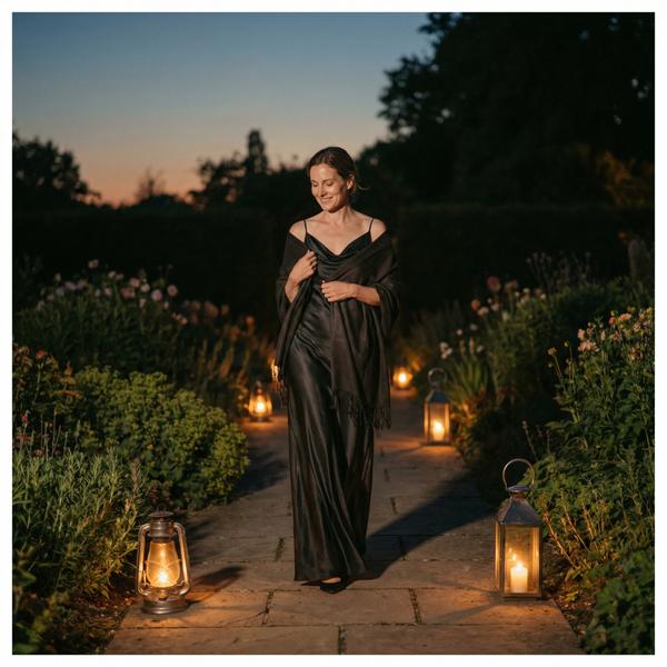 Understated garden at twilight, radiating calm luxury and natural beauty