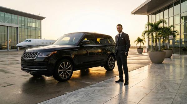 Range Rover waiting at a private jet terminal, symbolizing luxury travel