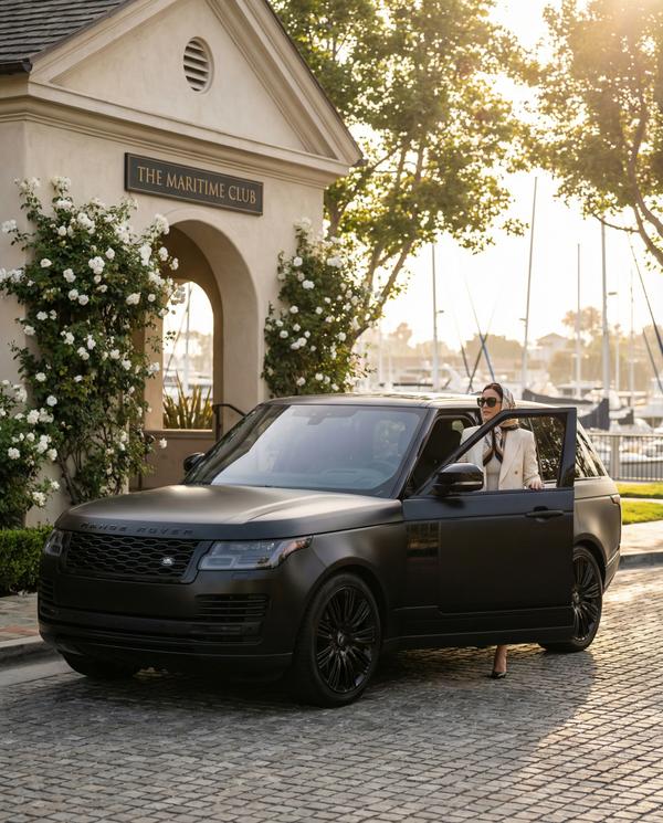 Range Rover in a yacht club street view, blending luxury and sophistication
