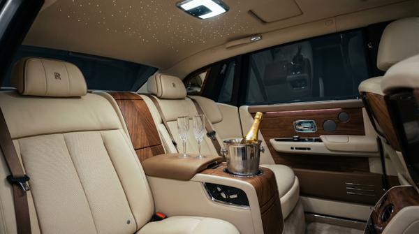 Luxurious interior lounge vibe in a Rolls Royce Phantom