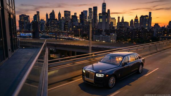 Rolls Royce Phantom against a stunning sunset cityscape