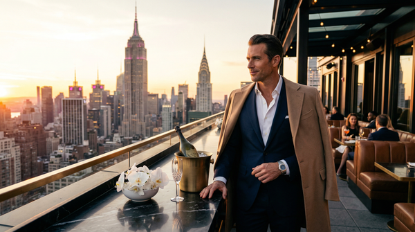 Golden hour rooftop bar with Tom Ford suit and Dom Pérignon