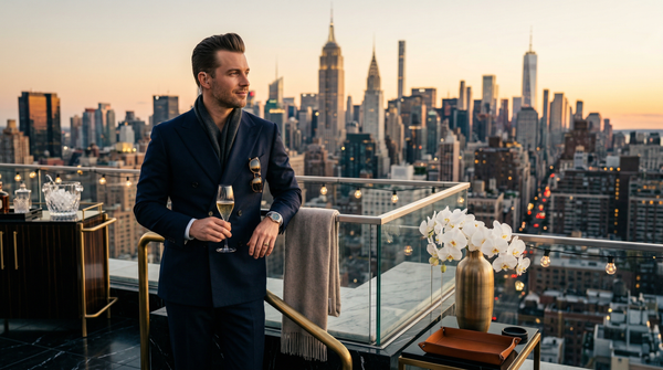 Wealthy man toasting Dom Pérignon on private penthouse rooftop