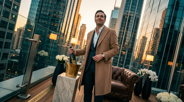 Low-angle rooftop hero in Loro Piana coat with Dom Pérignon