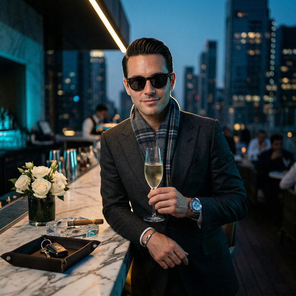 Moody rooftop bar portrait with Tom Ford suit and Dom Pérignon