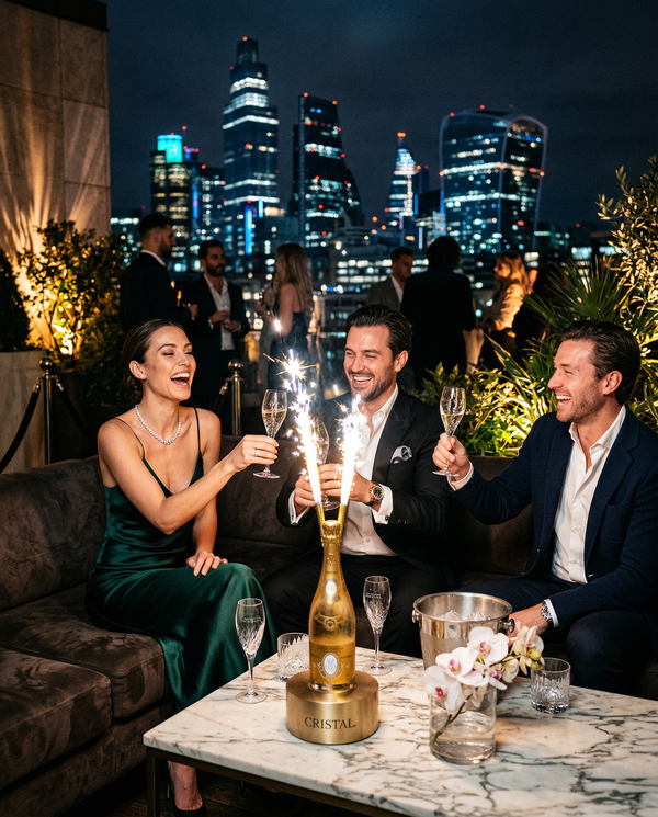 Night rooftop party with bottle service and Cristal sparklers