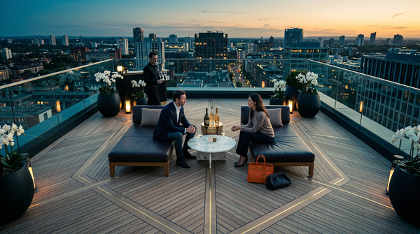 Overhead bird's-eye of private rooftop terrace with Dom Pérignon