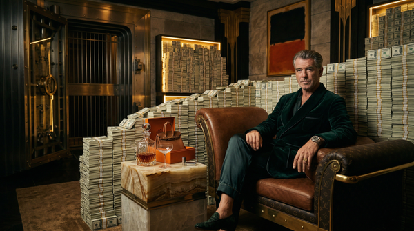 Art-deco vault lounge with billionaire seated among cash stacks
