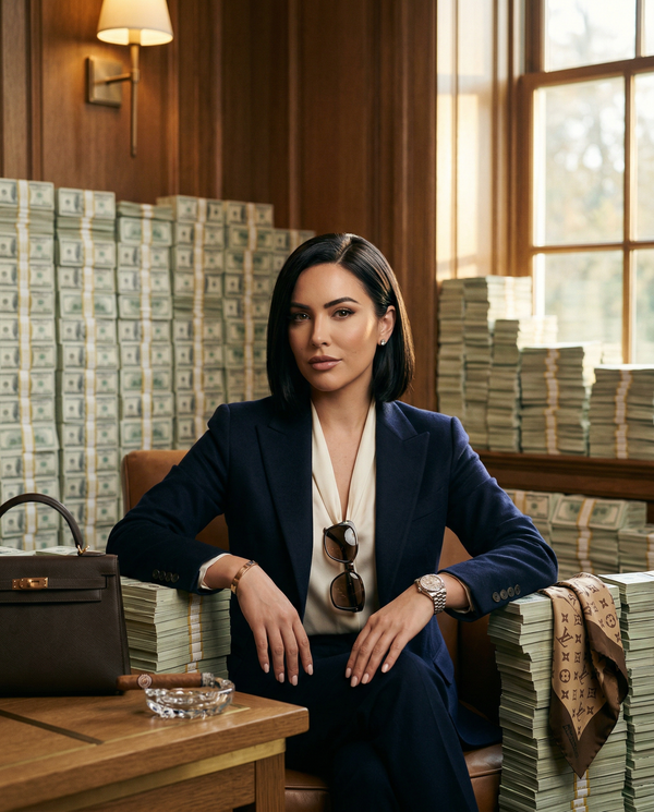 Portrait of woman in Brunello Cucinelli surrounded by cash