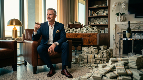 Penthouse armchair surrounded by towering stacks of cash