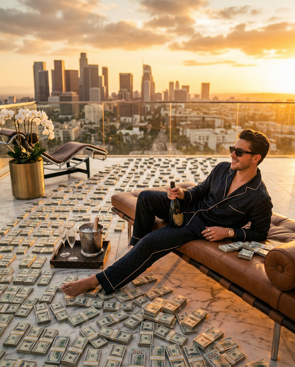 Golden hour terrace lounge with Gucci silk and cash stacks