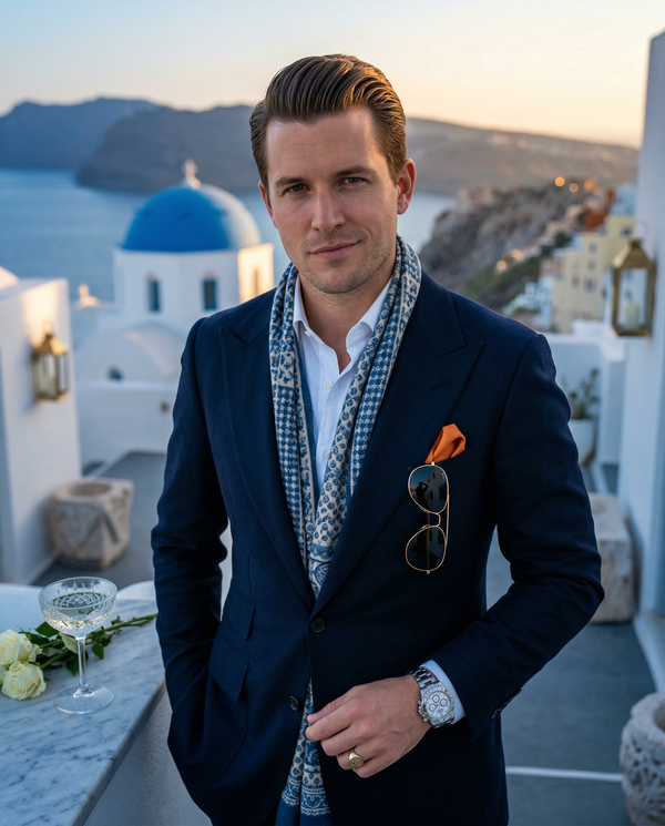 Portrait at sunset with Santorini blue dome and Tom Ford blazer