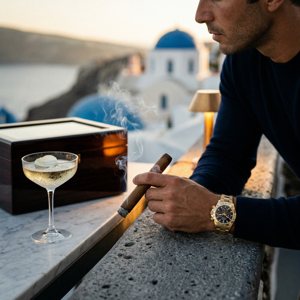 Cigar and Rolex close-up on Santorini villa balcony with marble and rose