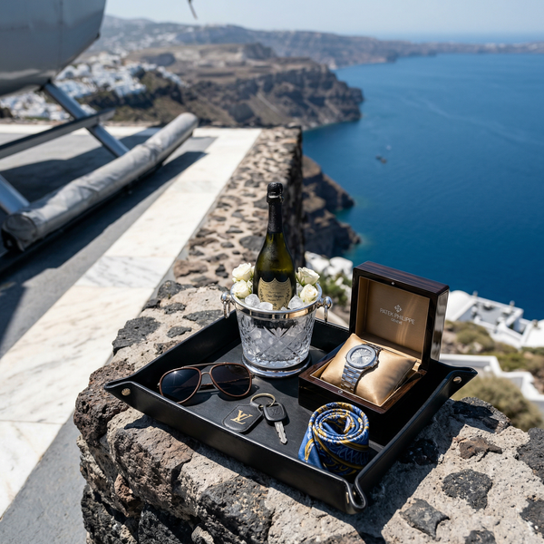 Helipad detail shot with Patek Philippe, Dom Pérignon, and designer accessories