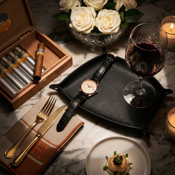 Michelin restaurant tabletop detail with Patek Philippe and Cristal