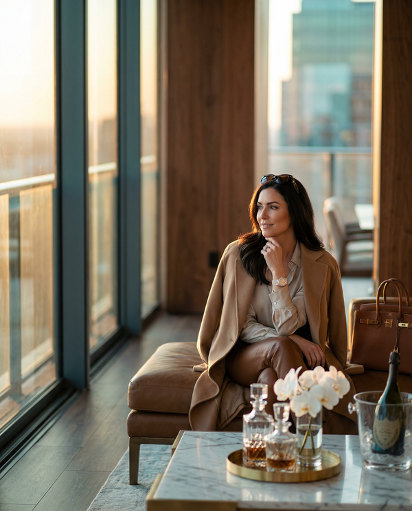 Woman in penthouse golden-hour portrait with Birkin and champagne
