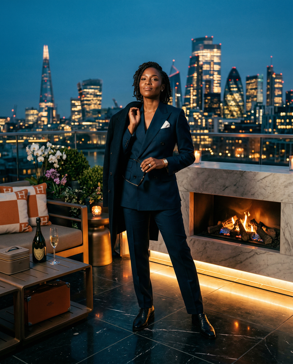 Night penthouse terrace portrait with Tom Ford suit and Dom Pérignon