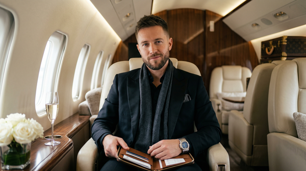 Private jet close-up portrait with Patek Philippe and Dom Pérignon