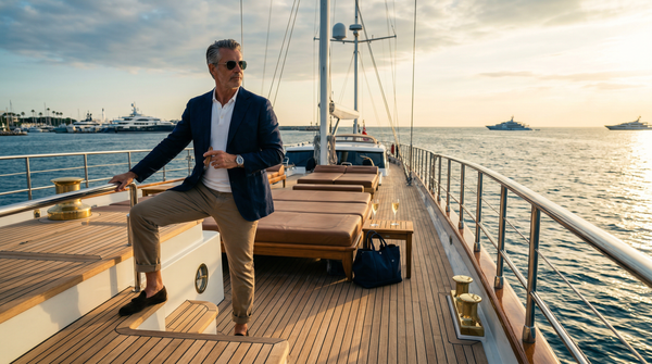 Man on private yacht deck at golden hour with Cristal