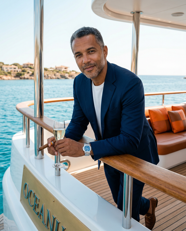 Portrait on yacht railing with Dom Pérignon and Patek Philippe