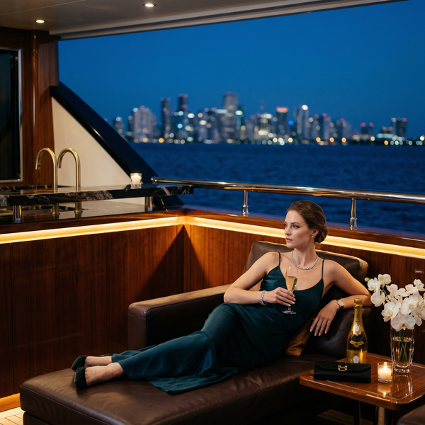 Blue hour aft lounge with Hermès gown, Cristal and city skyline