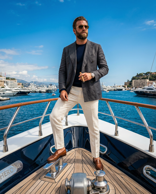 Worm's-eye full-body of owner on bow in Tom Ford suit