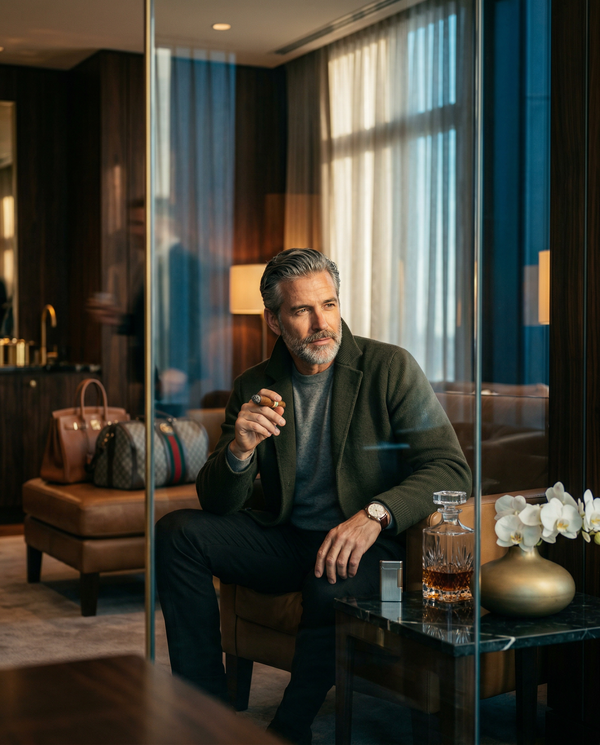 Interior lounge reflection portrait of owner in Brunello Cucinelli
