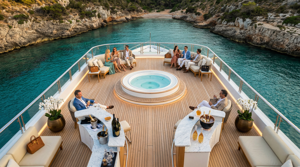 Overhead drone top-down superyacht deck party with Dom Pérignon