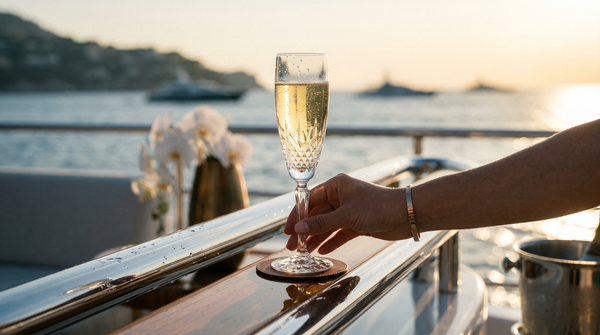 Sunrise Cristal flute on polished chrome railing with ocean bokeh