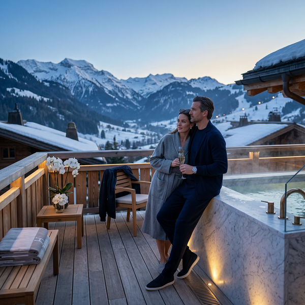 Dawn balcony hot tub at Gstaad chalet with wealthy couple