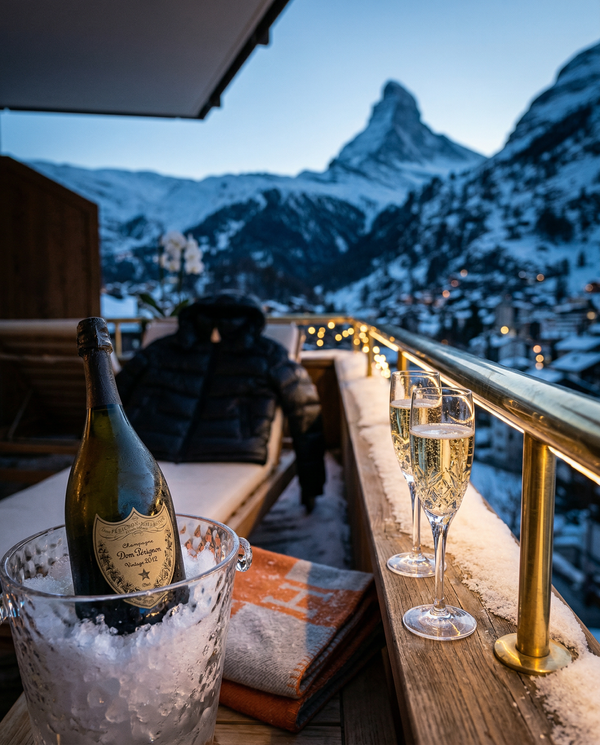 Dom Pérignon on chalet balcony with snowy Alps bokeh