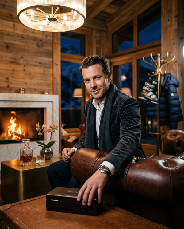 Evening chalet fireside portrait of wealthy man in Tom Ford velvet