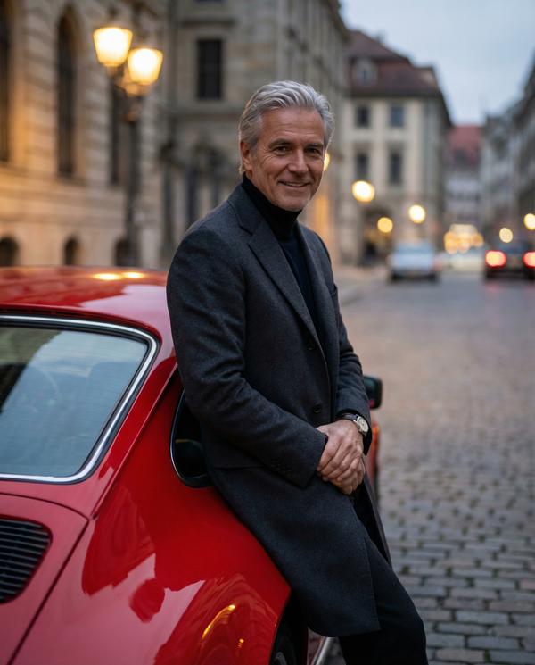 Dapper gentleman beside vintage red Porsche in luxury setting
