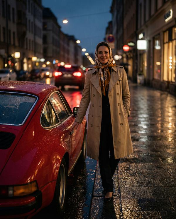 Elegant woman admiring vintage red Porsche, luxury lifestyle