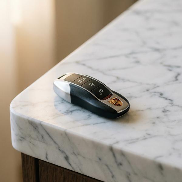 Porsche key elegantly placed on polished marble surface