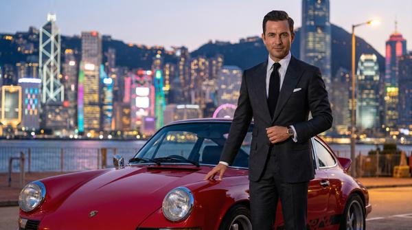 Porsche owner in cityscape, showcasing luxury car lifestyle