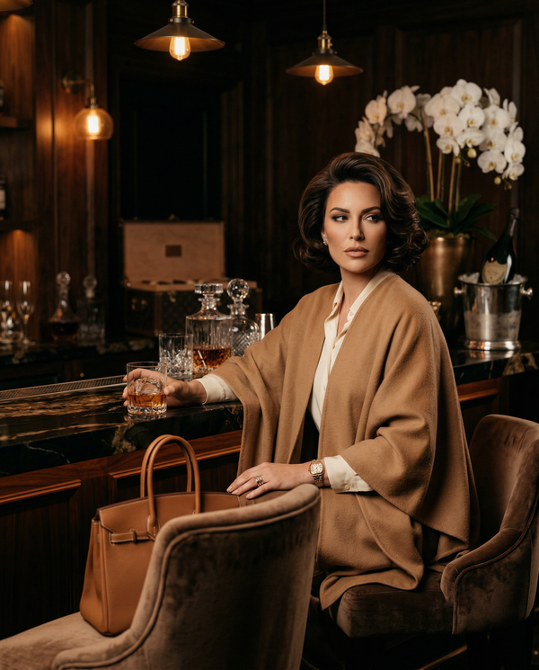 Members-only club bar evening portrait with Hermès Birkin