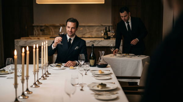 Michelin-star dining head of table luxury toast with Dom Pérignon